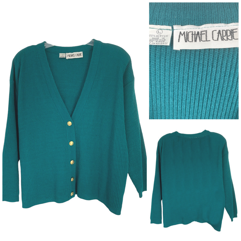 Vintage Michael Carrie Sz L Teal Chunky Ribbed Channel Knit Cardigan Sweater
